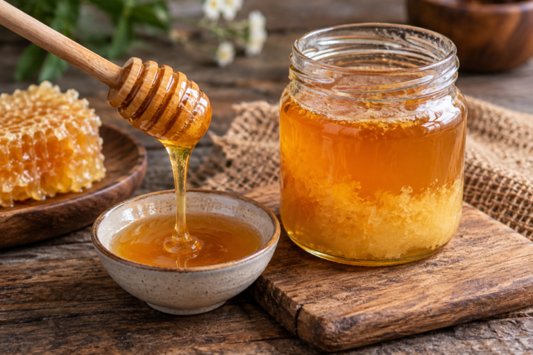 crystallized honey in a glass jar with honey dipper and honeycomb