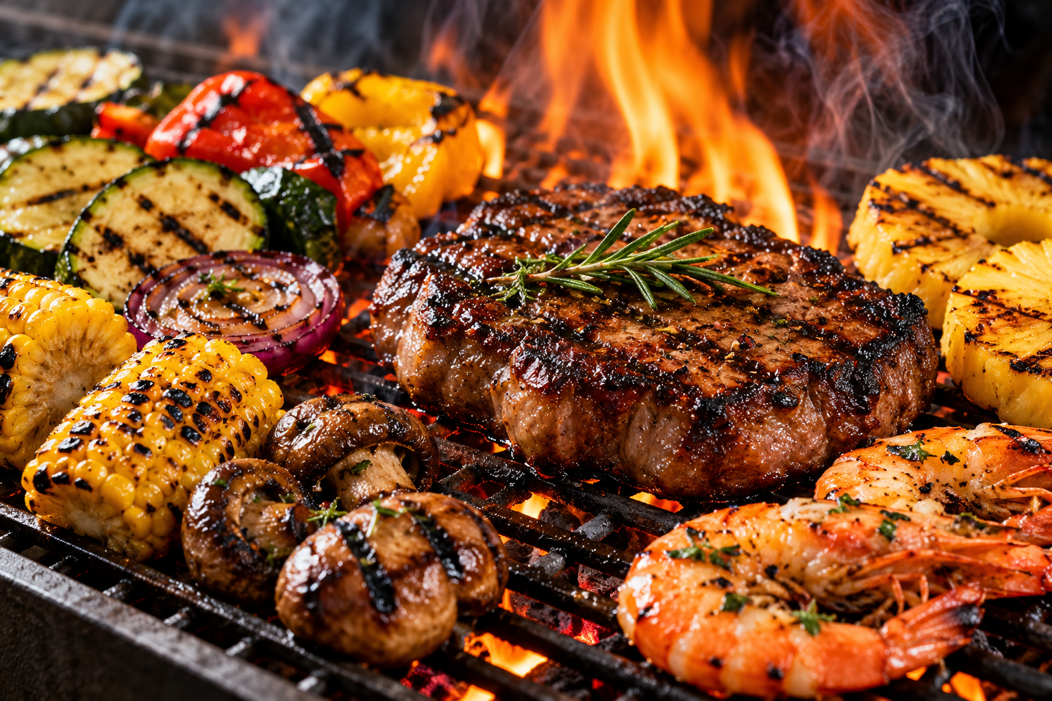 Fire-cooked steak, vegetables, shrimp and pineapple on a hot grill
