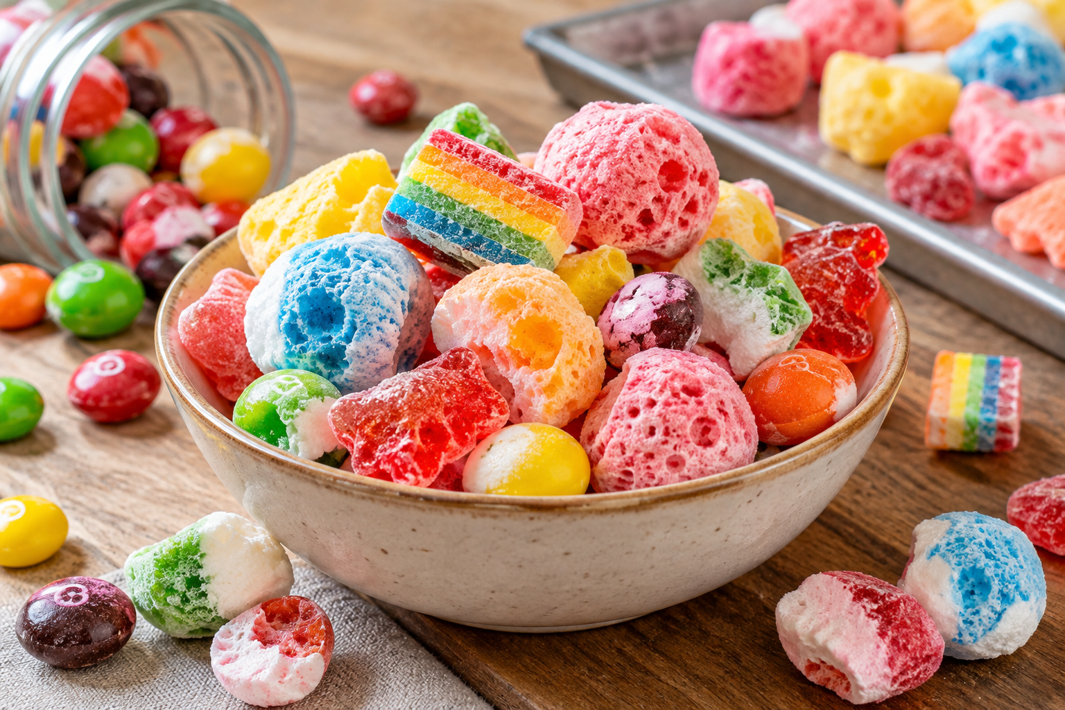 Colorful freeze-dried candy pieces in a bowl showing their light and crunchy texture