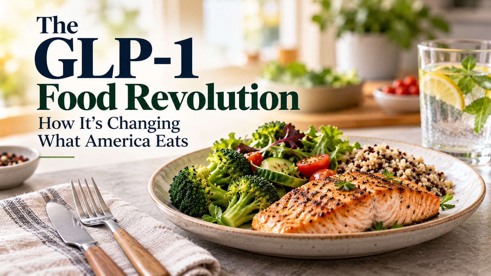 GLP-1 food trends featuring a balanced meal with salmon, vegetables and quinoa