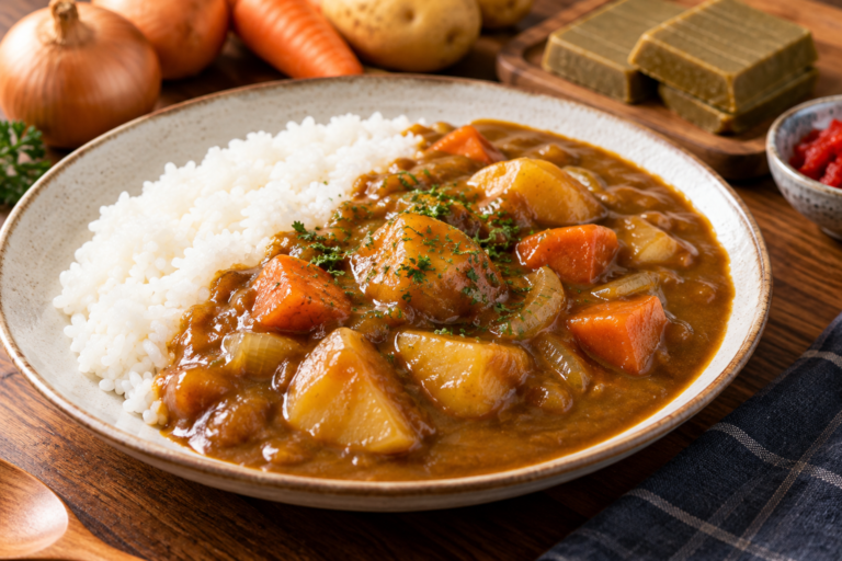 Japanese curry with potatoes, carrots and onions served with steamed white rice