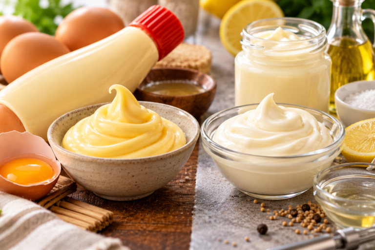 Japanese-style Kewpie mayonnaise and regular mayonnaise in bowls with eggs, lemon and oil