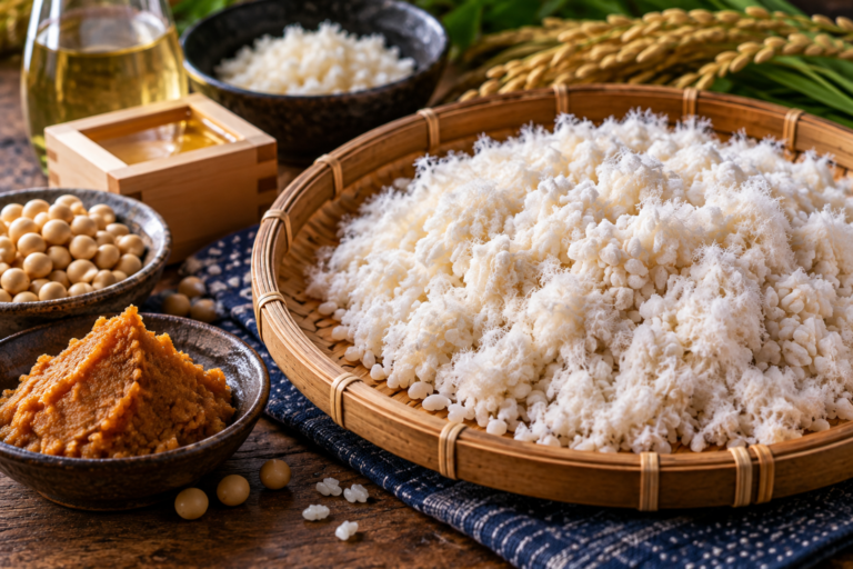 Koji rice with white mold used in food fermentation