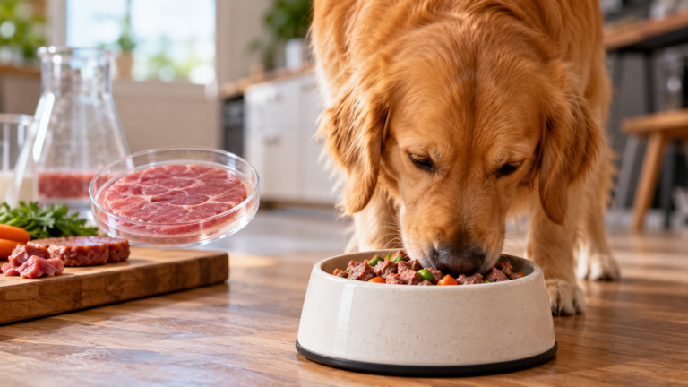 Lab grown meat pet food with cultivated meat and a dog eating from a bowl