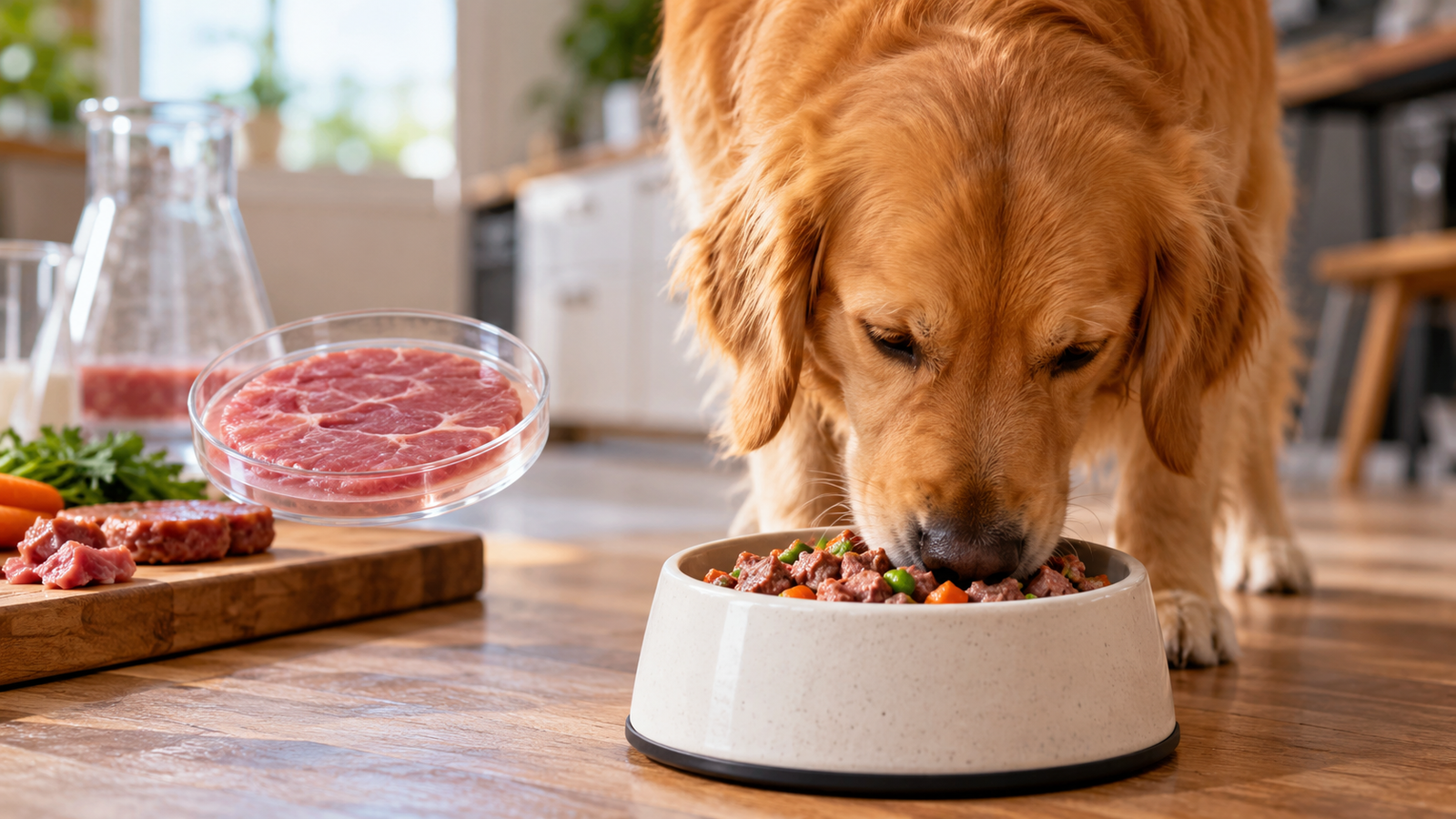 Lab grown meat pet food with cultivated meat and a dog eating from a bowl