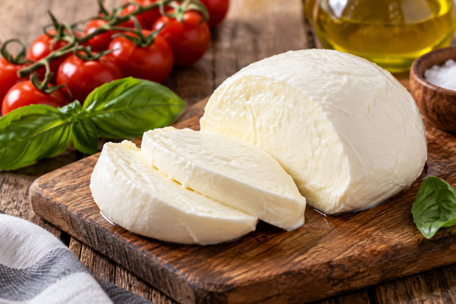 Fresh mozzarella cheese with tomatoes and basil on a wooden board