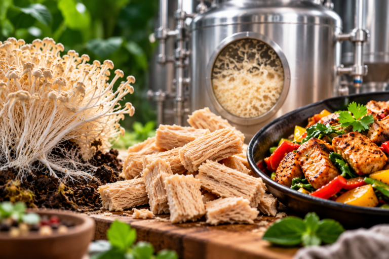 Mycoprotein food protein produced through fungal fermentation, from fungal mycelium to a cooked protein dish