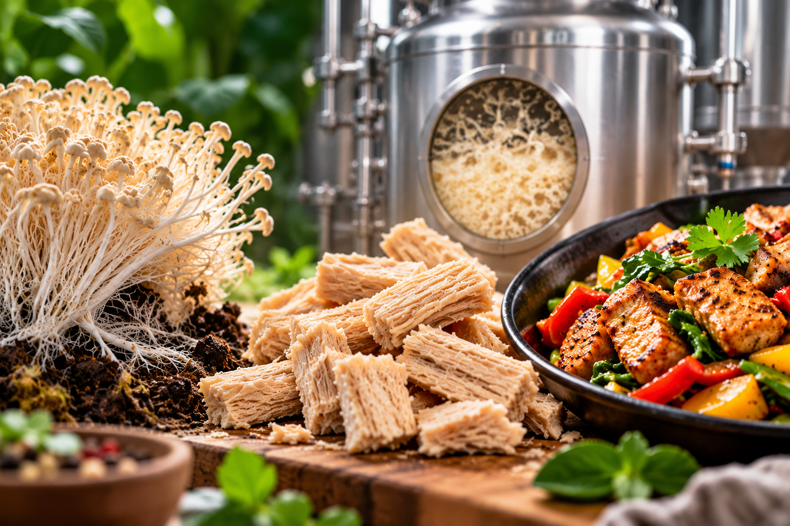 Mycoprotein food protein produced through fungal fermentation, from fungal mycelium to a cooked protein dish