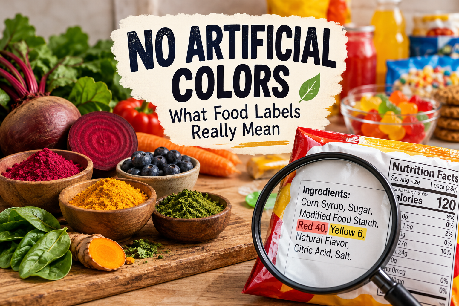 Food colors from beets, turmeric and greens alongside a packaged food ingredient label