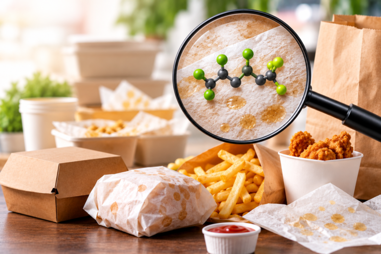 Takeaway food in grease-stained paper packaging with a magnifying glass showing a molecular structure.
