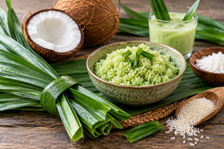 Fresh pandan leaves with pandan rice, coconut and pandan drink