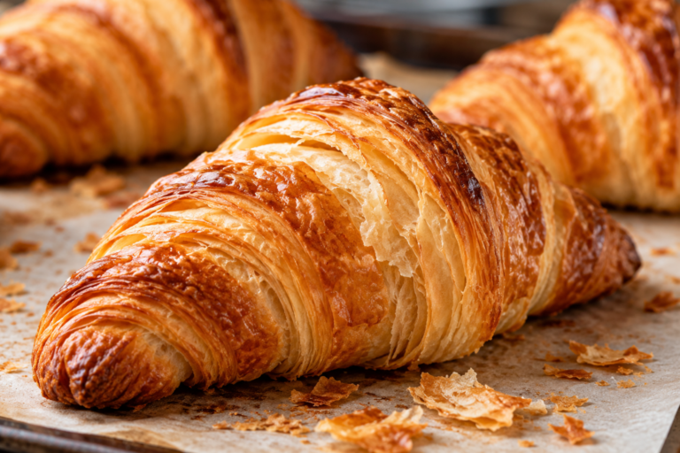Golden-brown croissant showing crisp, flaky layers created by pastry lamination