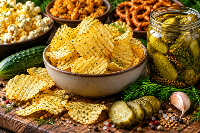 Pickle-flavored snacks with dill pickles, seasoned chips, popcorn, and savory bites