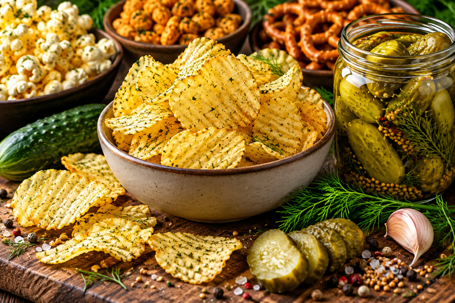 Pickle-flavored snacks with dill pickles, seasoned chips, popcorn, and savory bites
