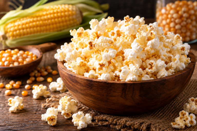 Popcorn in a wooden bowl with corn kernels, illustrating the science behind popcorn