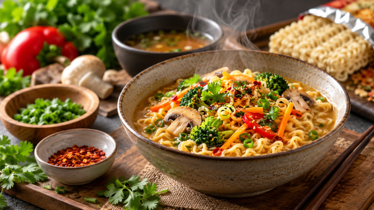 Premium instant meal with noodles, vegetables and broth