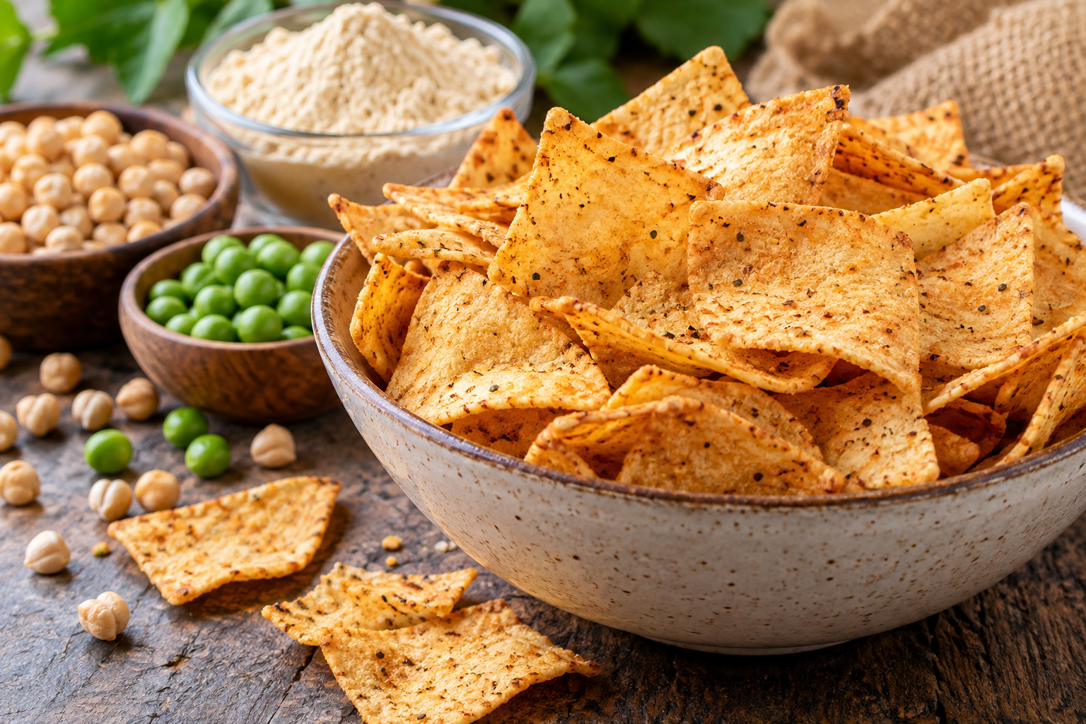 Crispy protein chips in a bowl with chickpeas, peas and protein-rich ingredients