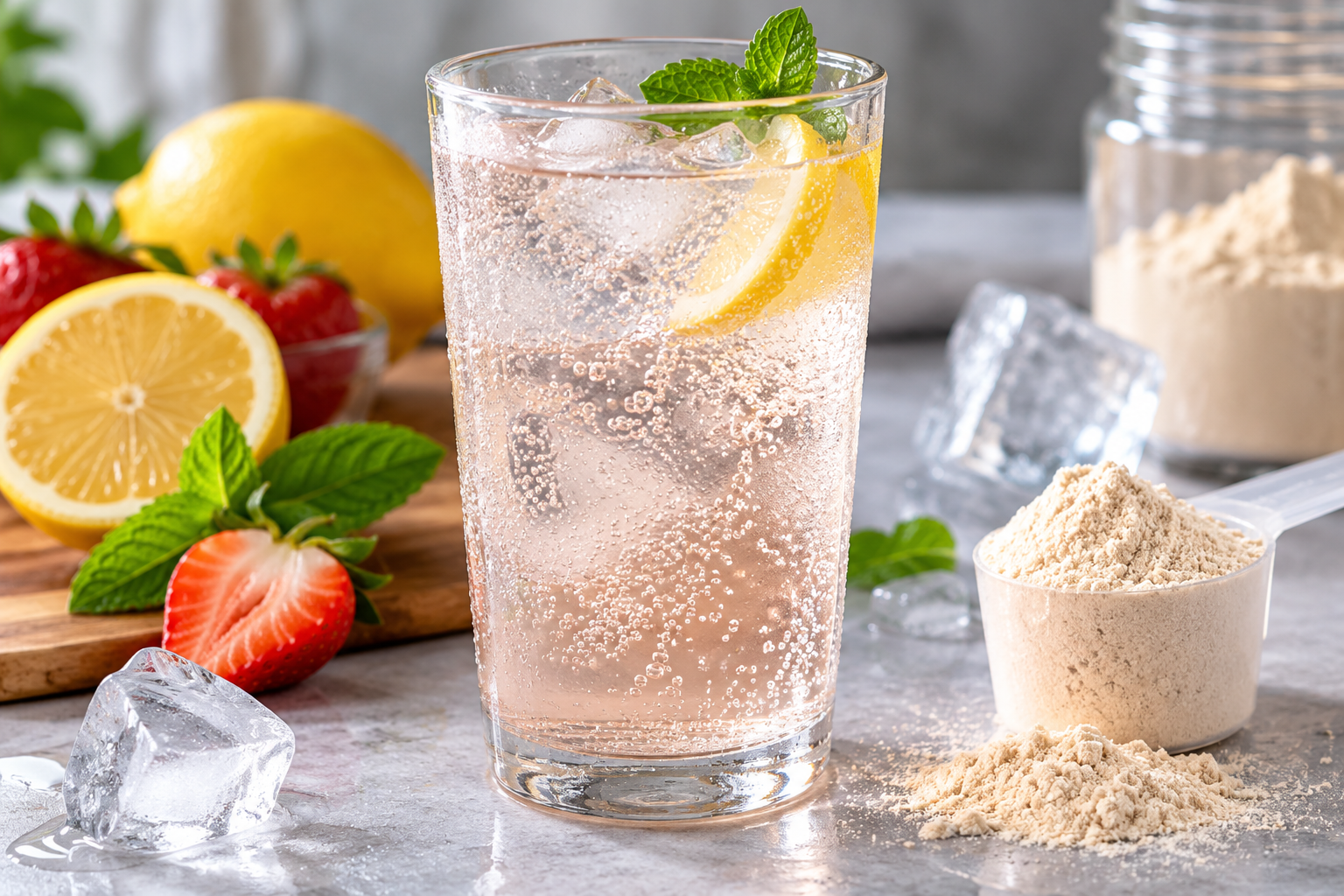 Clear protein soda in a glass with visible carbonation