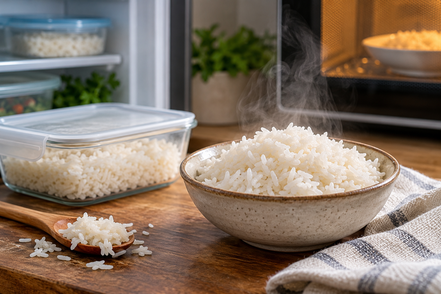 reheated rice in a bowl with safely stored leftover rice