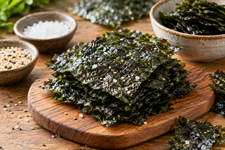 roasted seaweed snacks with sesame seeds and sea salt on a wooden board