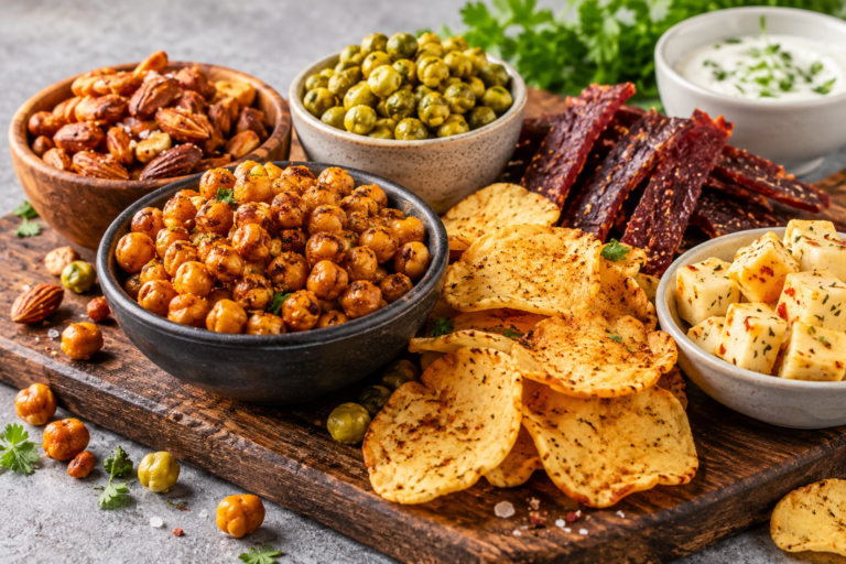 Savory protein snacks including roasted chickpeas, seasoned nuts, peas, and crunchy legume crisps