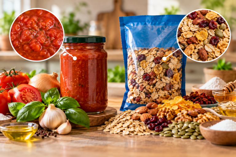 Packaged tomato sauce and granola surrounded by tomatoes, herbs, oats, nuts and seeds