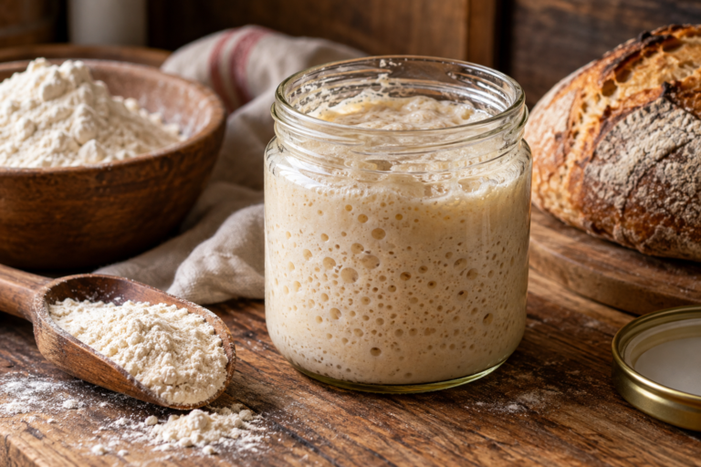 Active sourdough starter with bubbles in a glass jar beside flour and bread