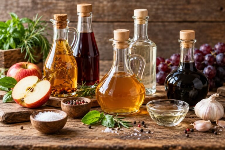 Natural still life of different types of vinegar with apples, grapes, herbs, garlic, and spices