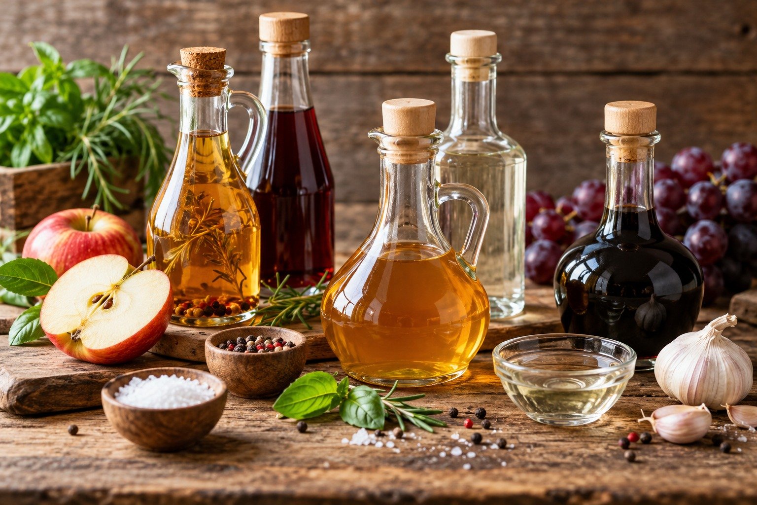 Natural still life of different types of vinegar with apples, grapes, herbs, garlic, and spices