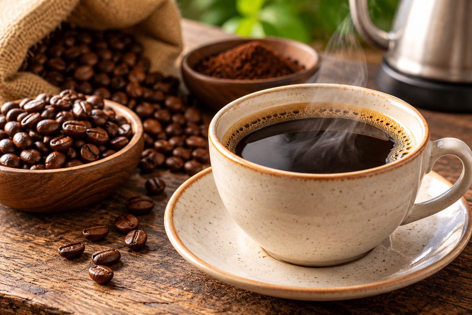 A cup of black coffee with roasted coffee beans on a rustic wooden table
