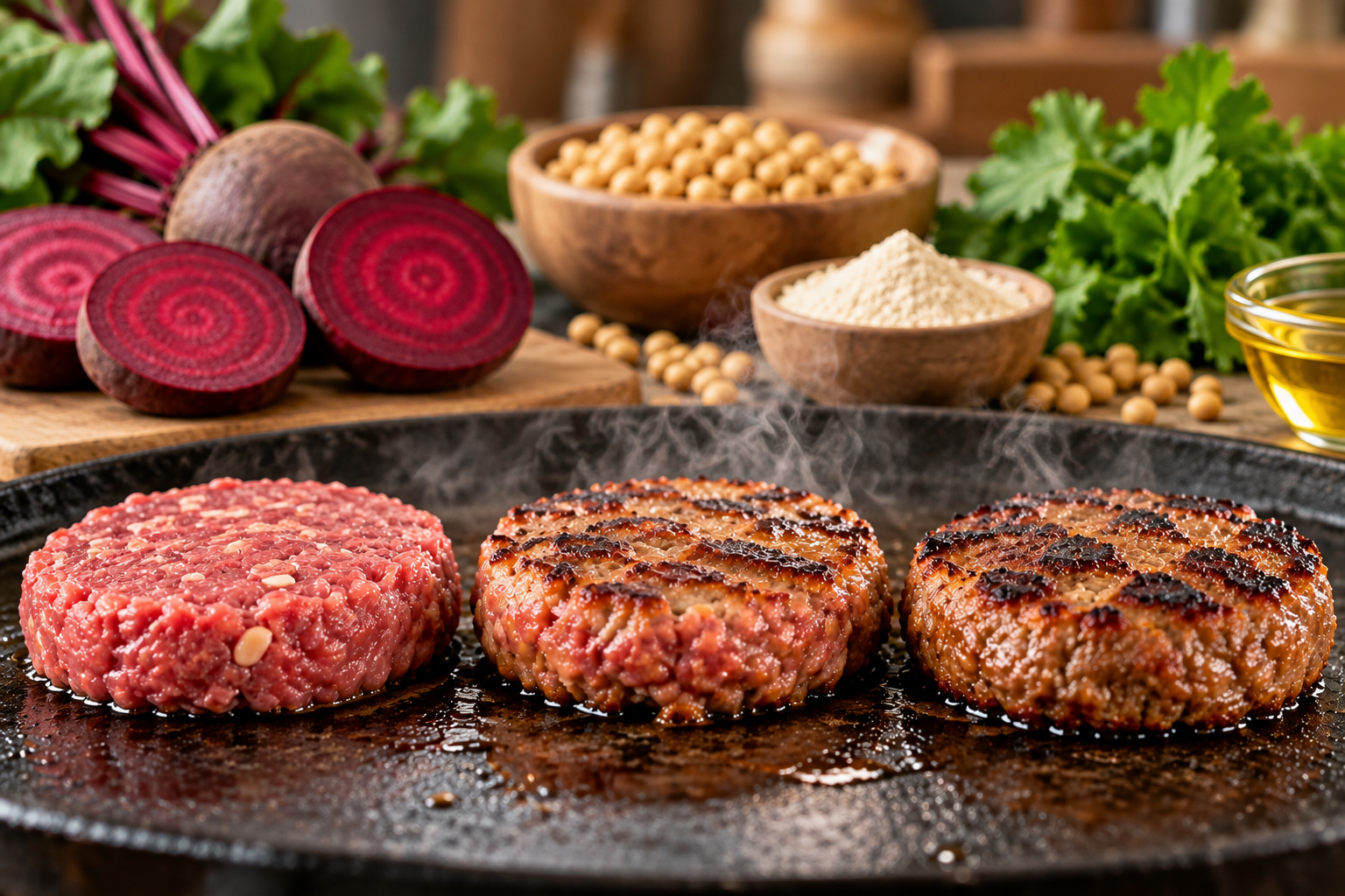 Plant-based burger patties changing from pink to browned during cooking