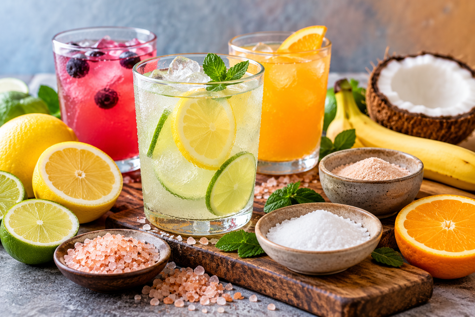 Electrolyte drinks with citrus fruits, mint, coconut, and mineral salts