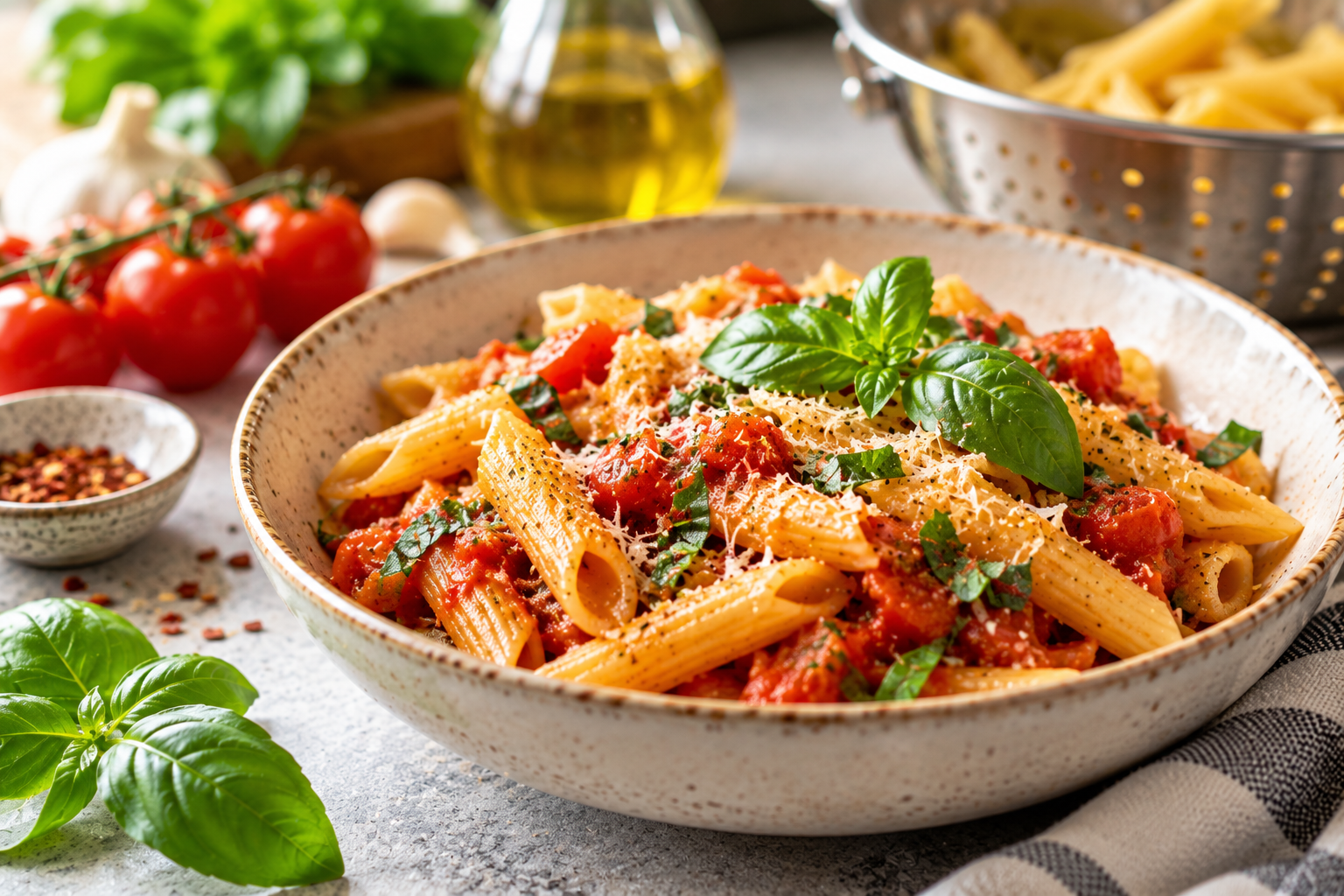 Gluten-free penne pasta with tomato sauce, fresh basil and grated cheese