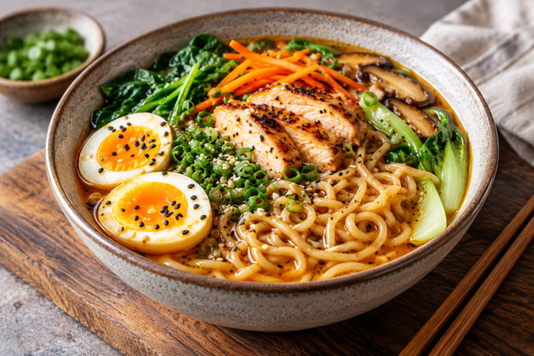 Bowl of protein ramen noodles with vegetables and protein topping