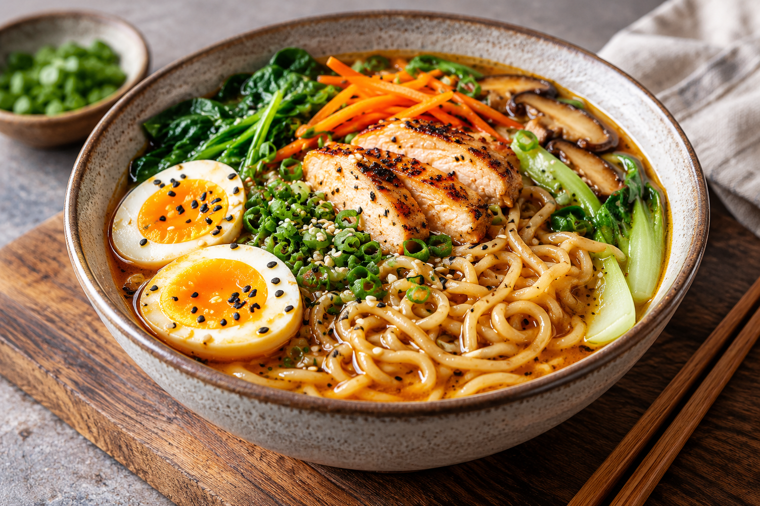 Bowl of protein ramen noodles with vegetables and protein topping