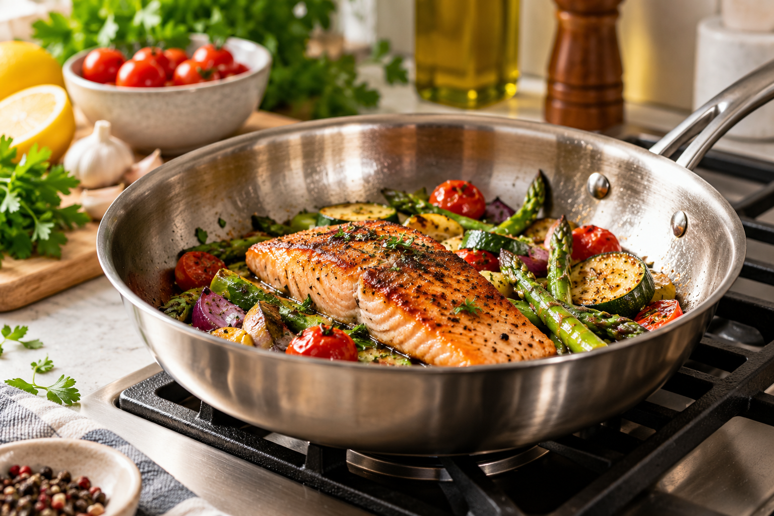 Stainless steel skillet with seared salmon and vegetables on a kitchen stove